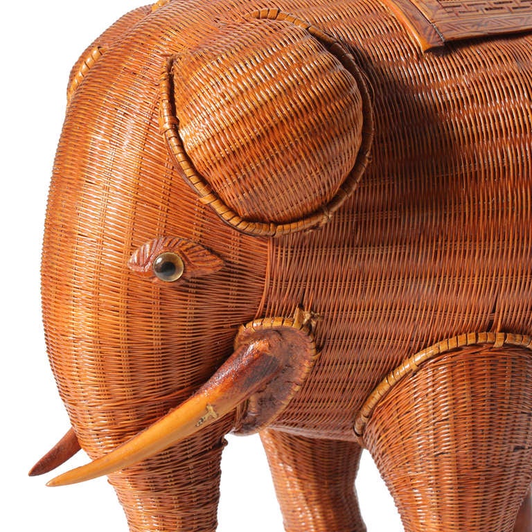 Chinese Woven Wicker Elephant with Baby Rider Box