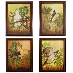 Set of Four Oil on Canvas Tropical Bird Paintings