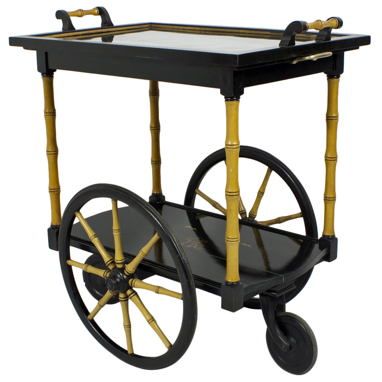 Chinoiserie Style Lacquered and Faux Bamboo Tea or Bar Cart