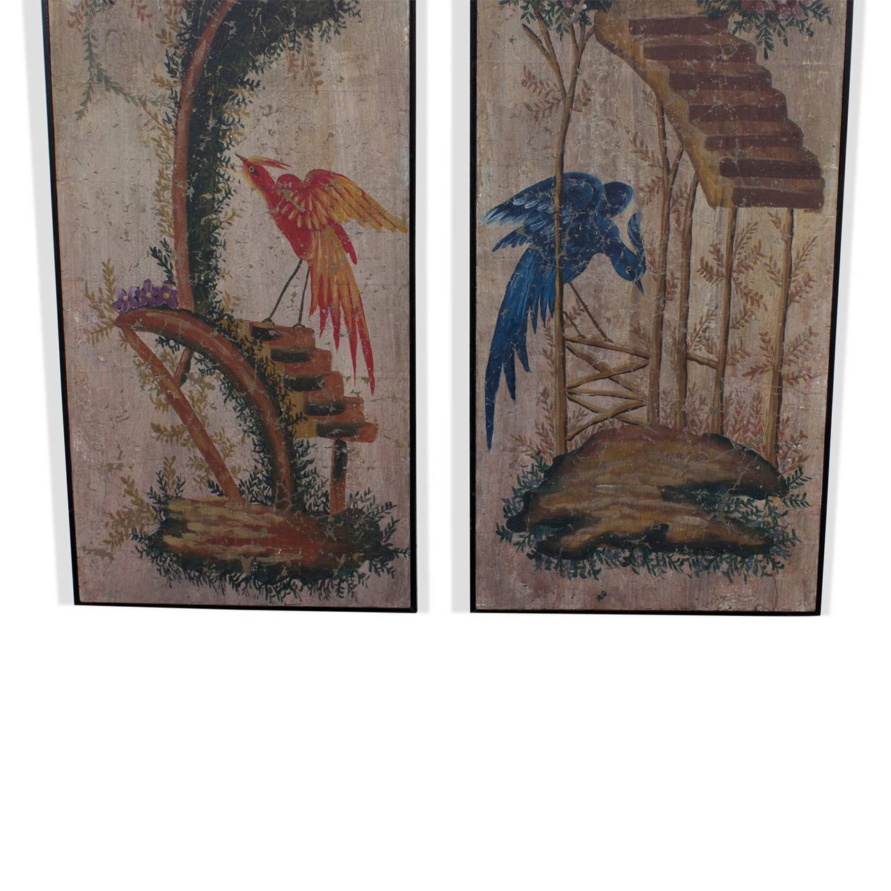 Pair of 19th Century Chinoiserie Painted Wallpaper Panels In Excellent Condition In Palm Beach, FL
