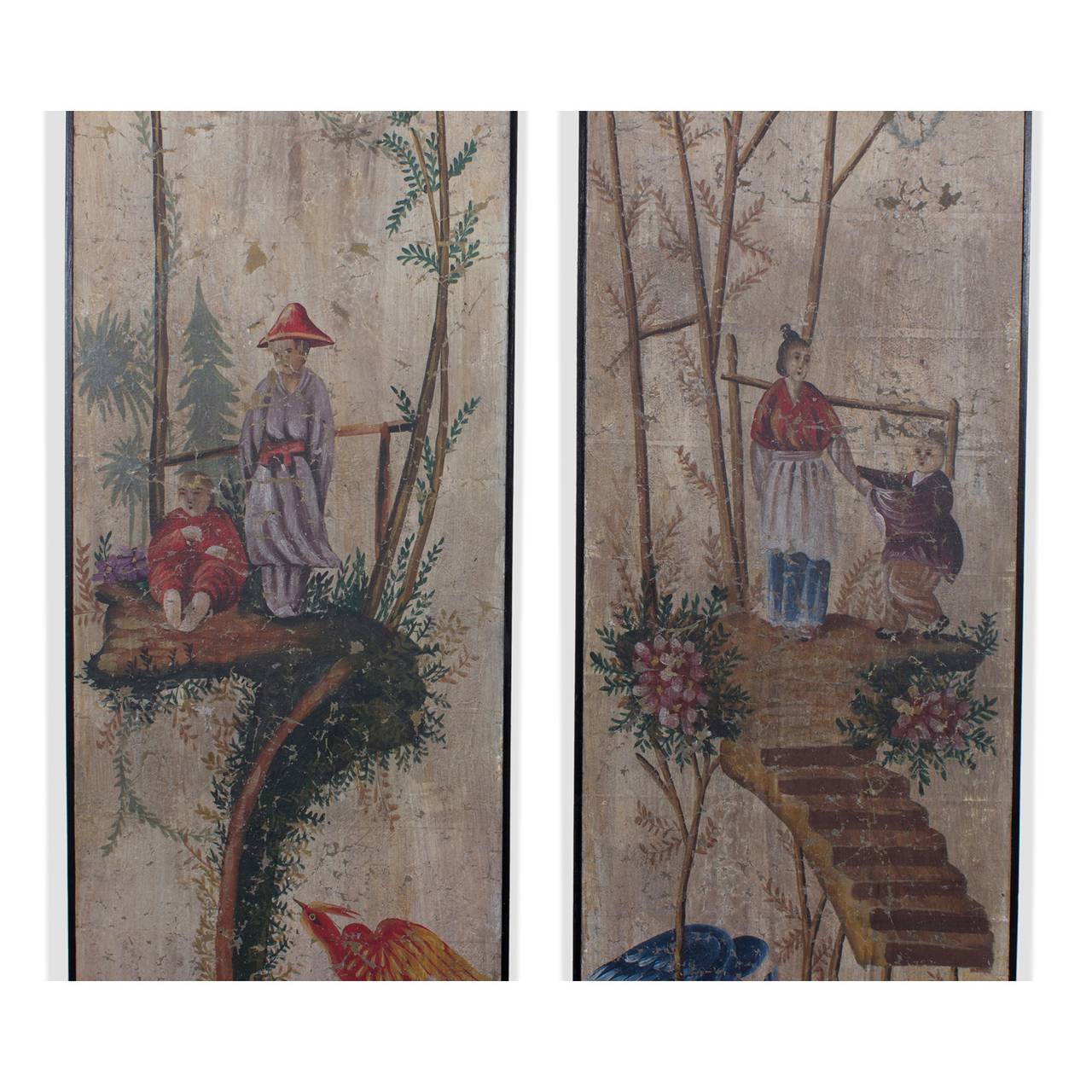 English Pair of 19th Century Chinoiserie Painted Wallpaper Panels
