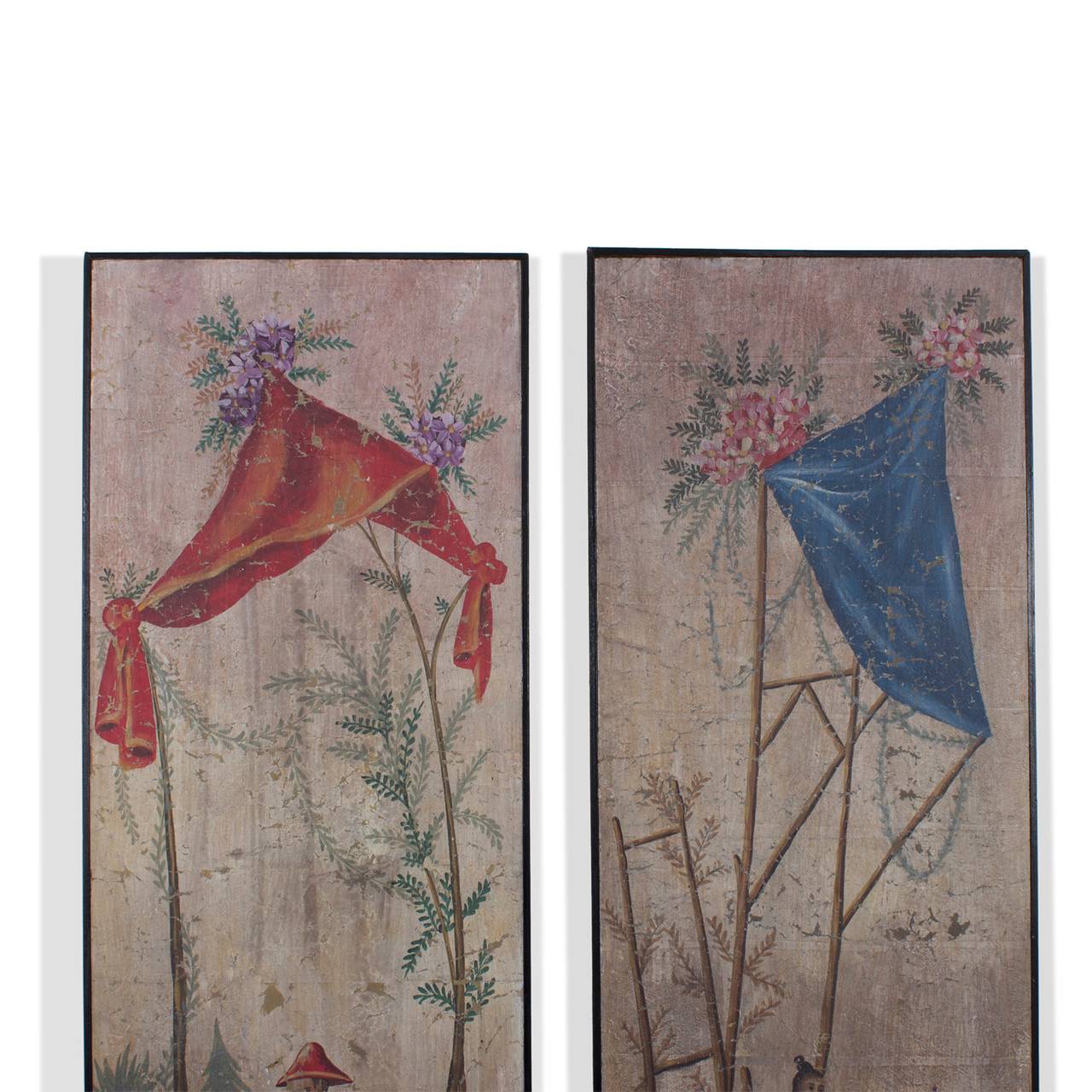 A pair of 19th C. of highly decorative hand painted,  chinoiserie wall paper panels, mounted on board, at a later date,  having a rustic warm patina and depicting garden courting scenes set with birds, flowers and trees. Classical style with a mid