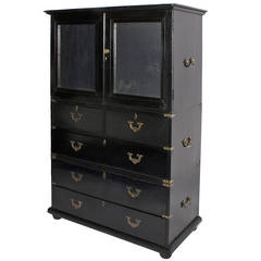 Ebonized Campaign Chest of Drawers with Mirrored Door Cupboard 4