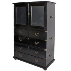 Antique Ebonized Campaign Chest of Drawers with Mirrored Door Cupboard