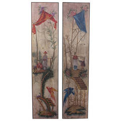 Antique Pair of 19th Century Chinoiserie Painted Wallpaper Panels