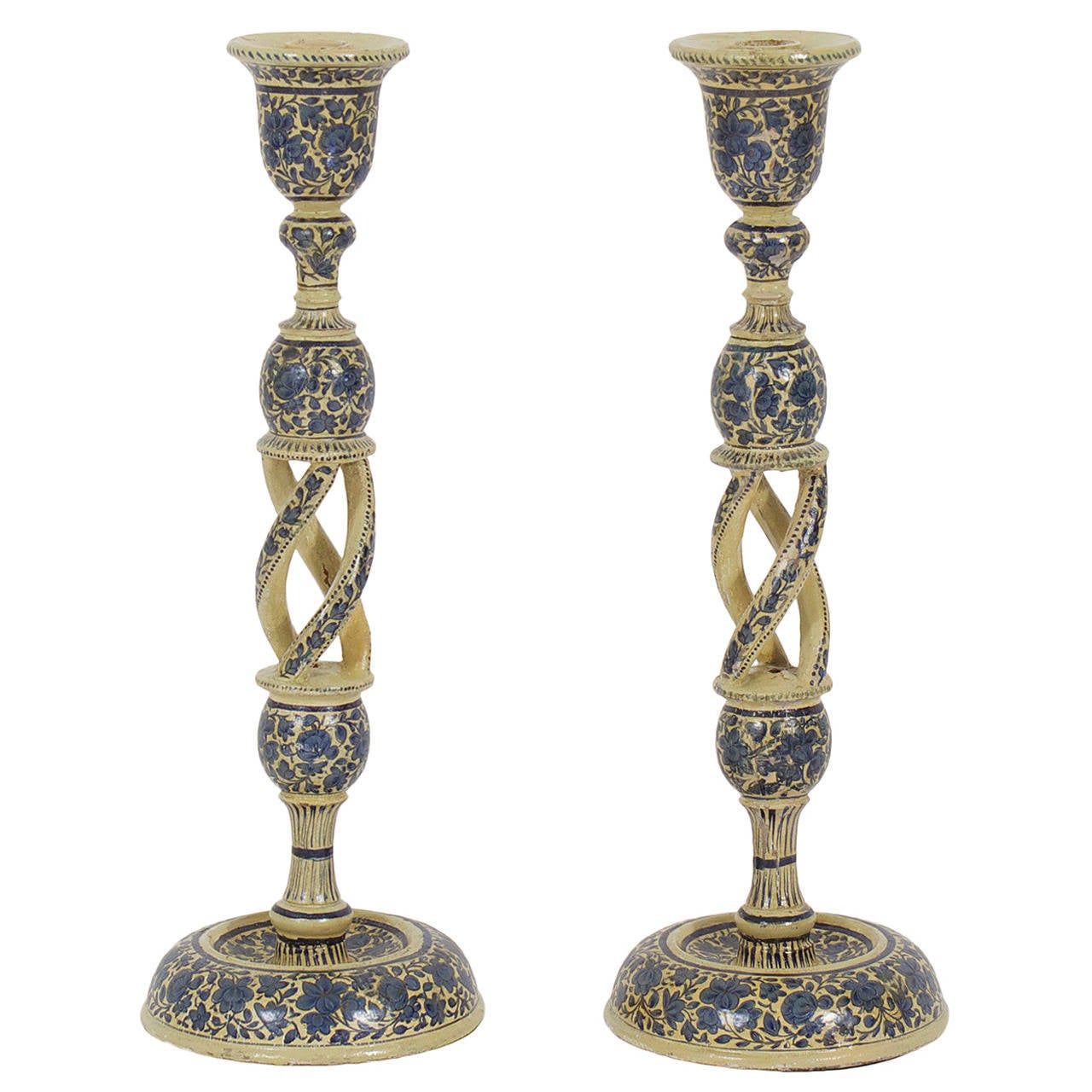 Pair of Blue and White Kashmiri Carved Wood and Lacquer Candlesticks at