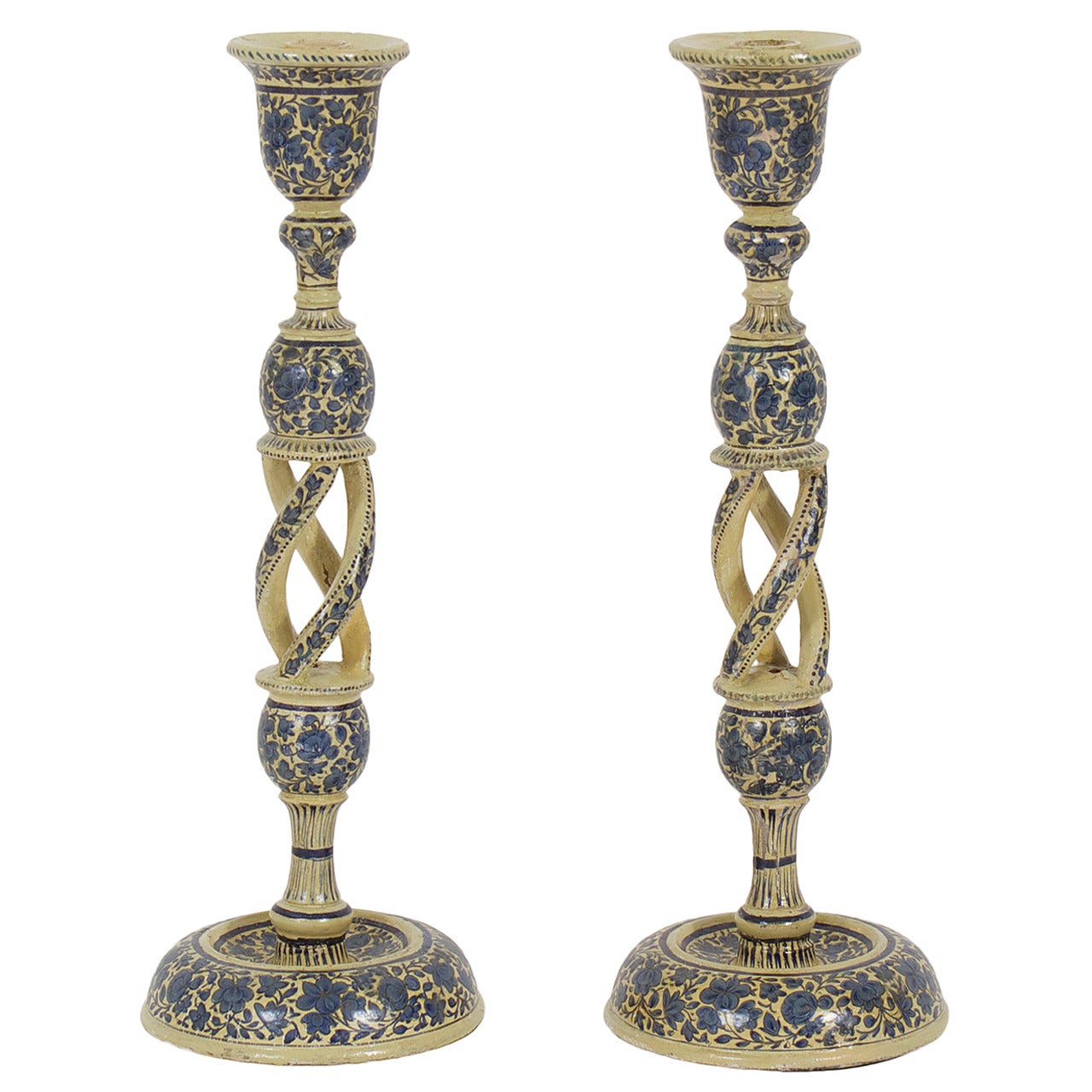Pair of Blue and White Kashmiri Carved Wood and Lacquer Candlesticks