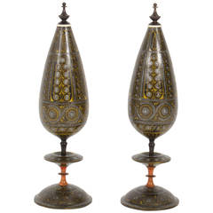 Pair of Large 19th Century Kashmiri Style Turned and Painted Wood Garnitures