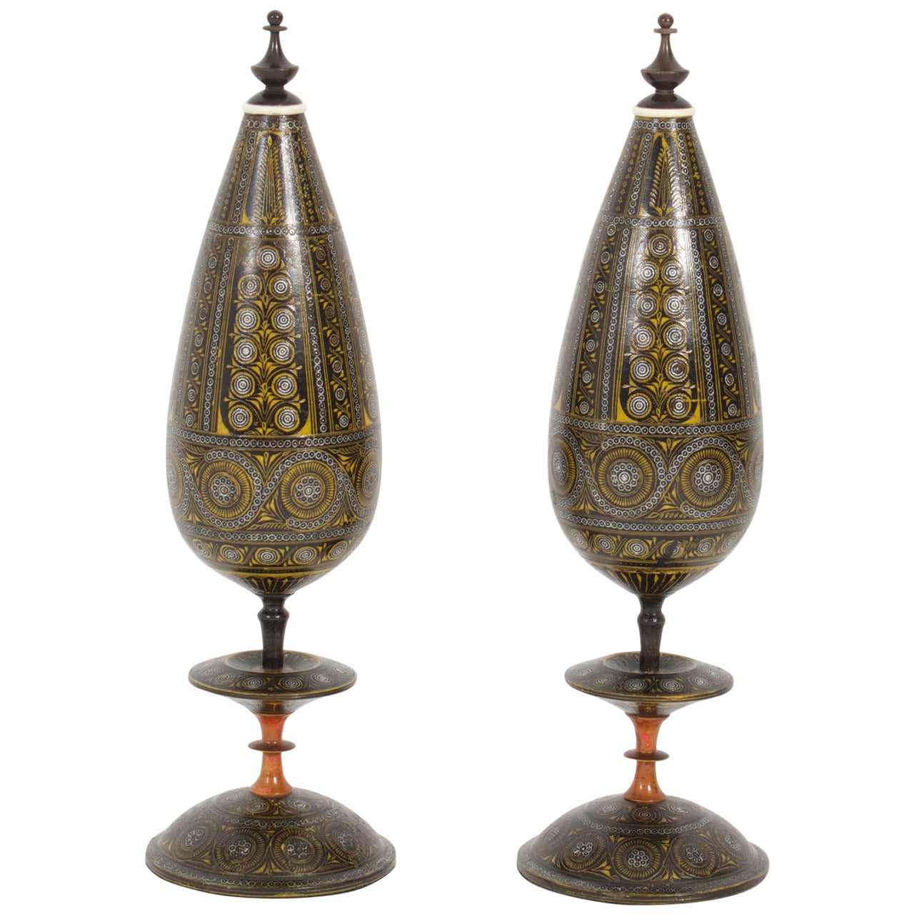 Pair of Large 19th Century Kashmiri Style Turned and Painted Wood Garnitures