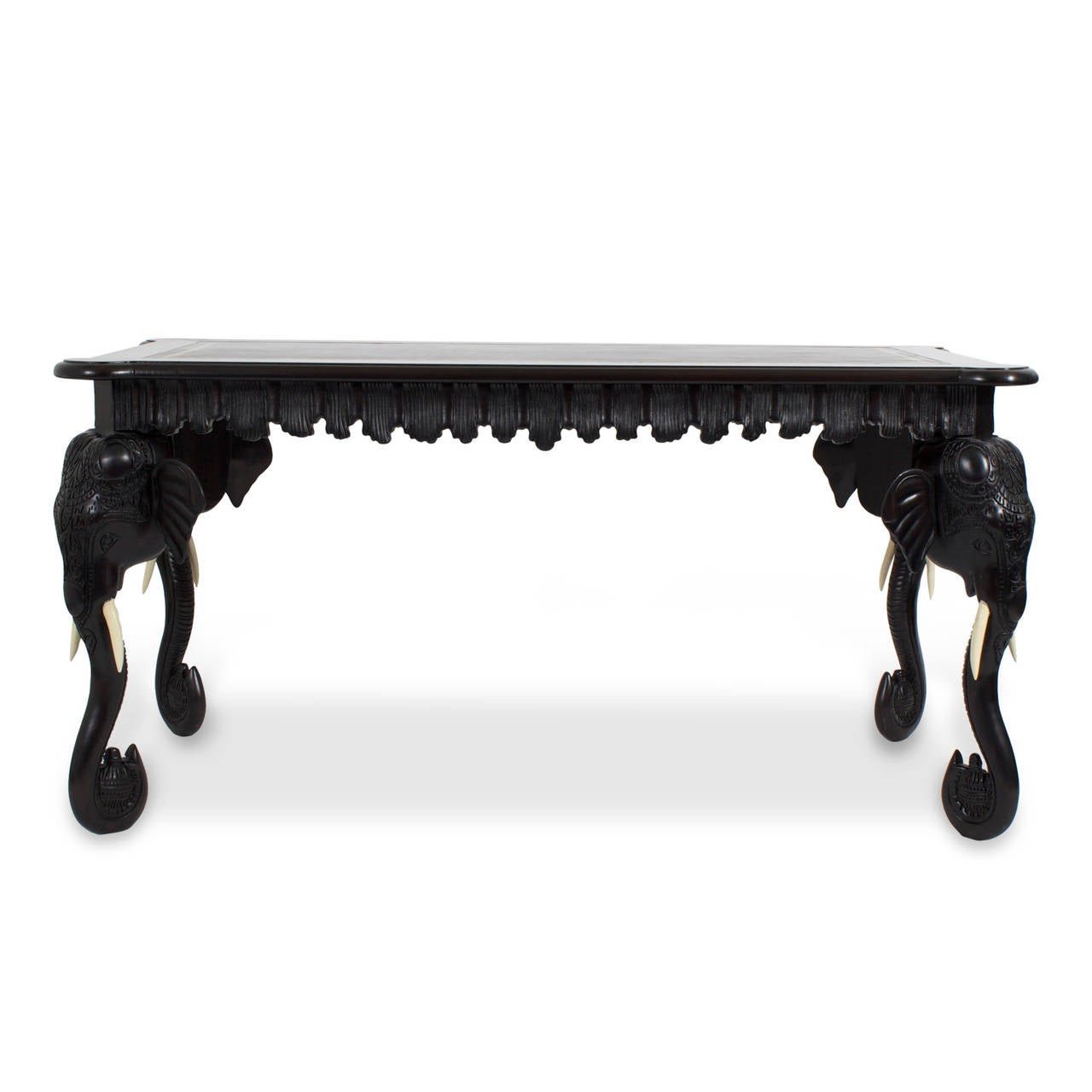 Carved Elephant Head One-Drawer Leather Top Desk