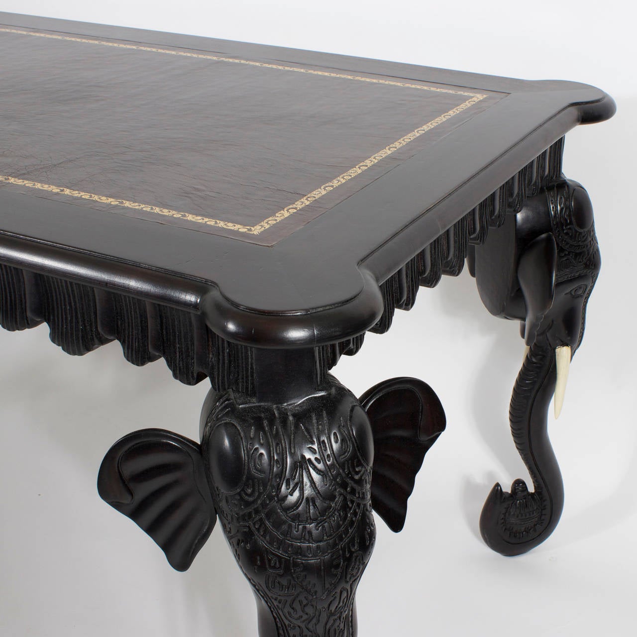 Italian Carved Elephant Head One-Drawer Leather Top Desk