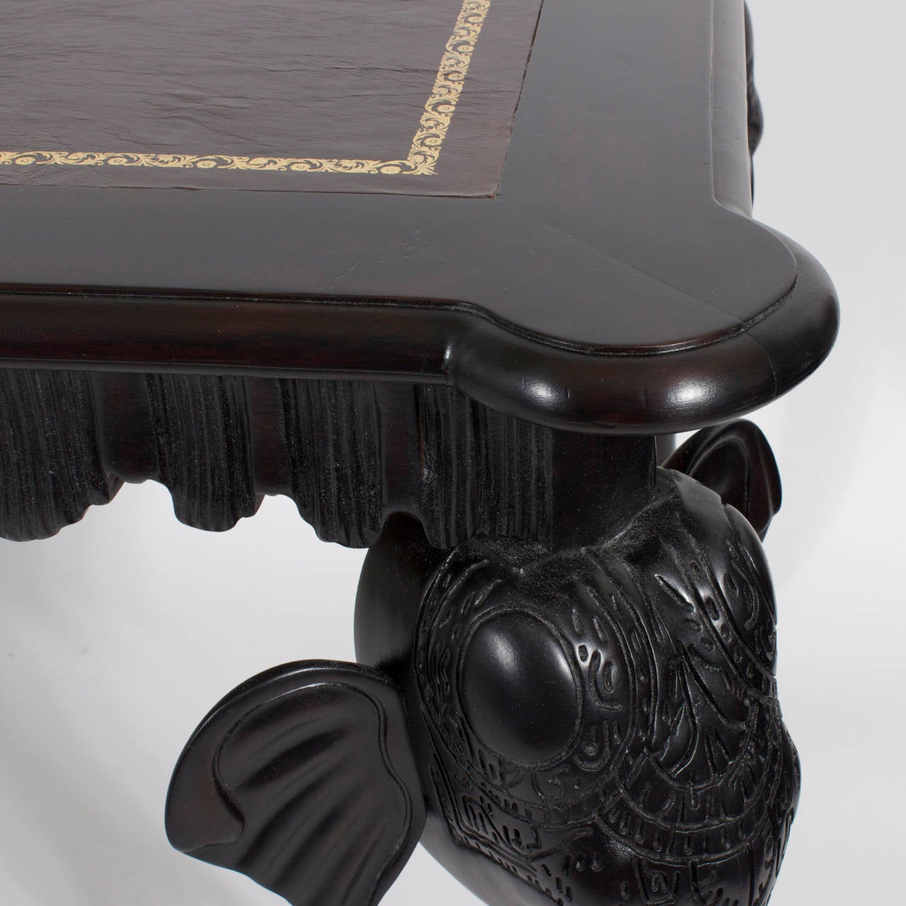Carved Elephant Head One-Drawer Leather Top Desk In Excellent Condition In Palm Beach, FL