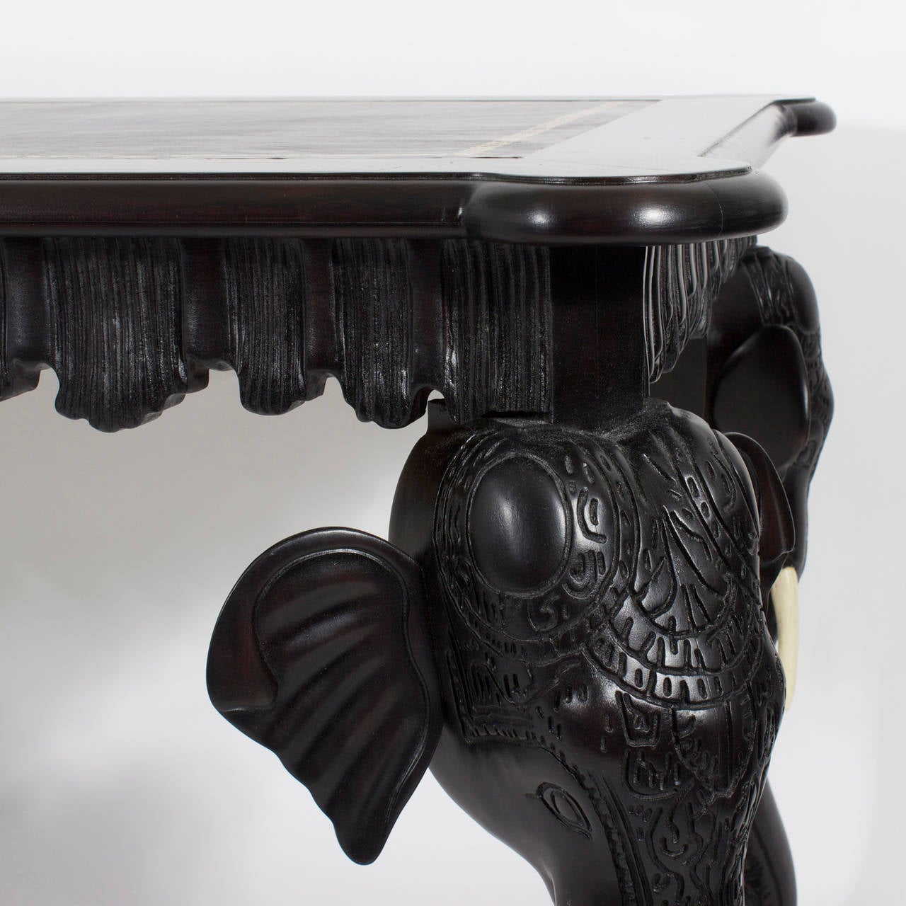 20th Century Carved Elephant Head One-Drawer Leather Top Desk