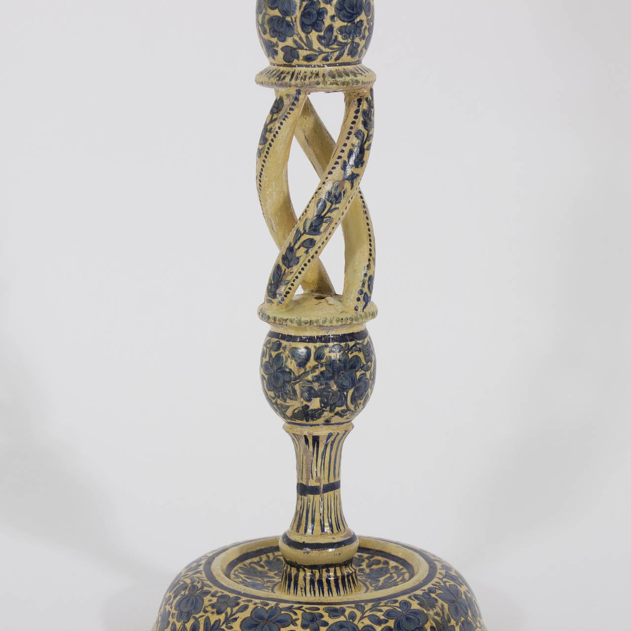 Indian Pair of Blue and White Kashmiri Carved Wood and Lacquer Candlesticks