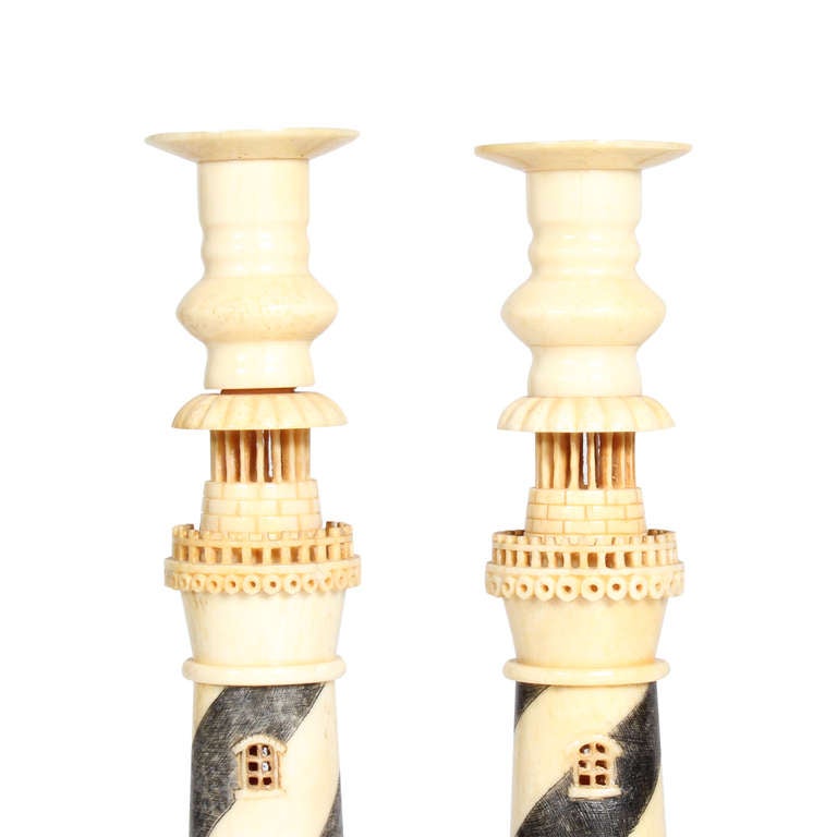 A group of 19th C. Anglo Indian carved bone and stained candlesticks and centerpiece in the form of lighthouses with incredible detail, including carved windows , doors, steps and more, with a stained circular band running around each