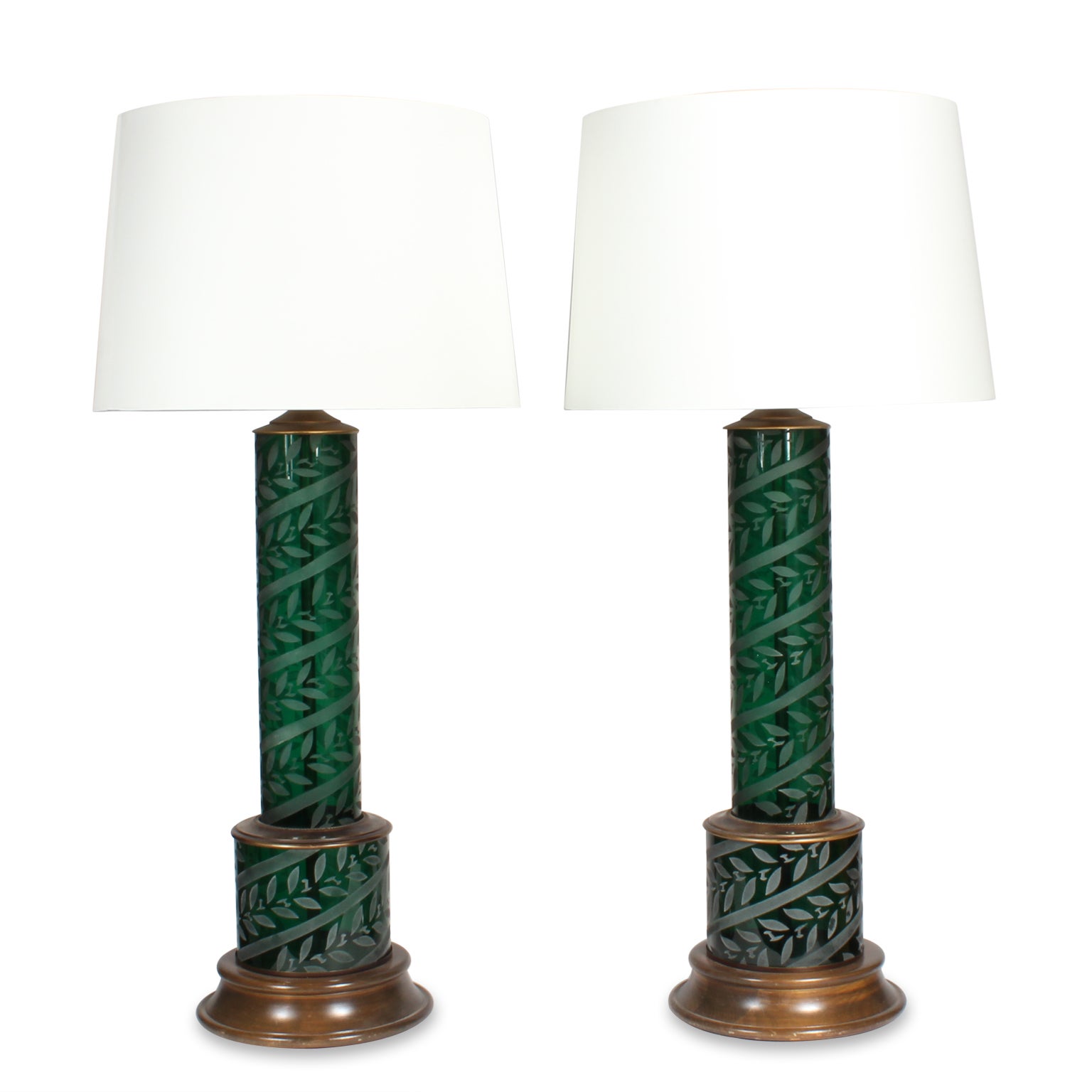 Large Etched Green Glass Lamps