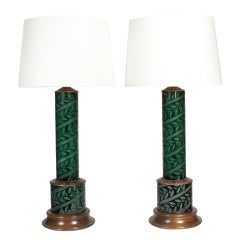 Large Etched Green Glass Lamps
