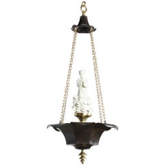 Early 20th C. Patinated Bronze Chinoiserie Chandelier with Porcelain Figure