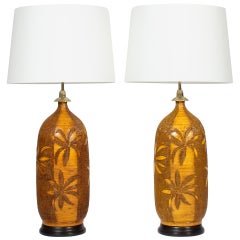 Pair of Vintage Mid-Century Modern Etched Palm Tree Pottery Lamps