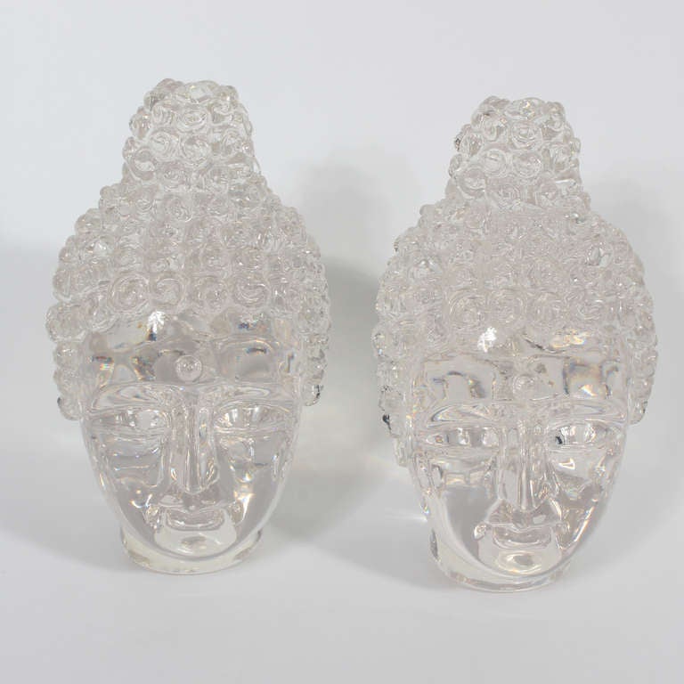 A pair of excellent quality Lucite Buddha heads, with good detail, clear Lucite, and nice size. Add a touch of calm to your decor.