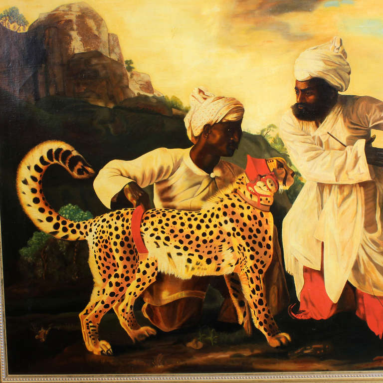 An oil on canvas, in the Orientalist style, Much to the dismay of the servants, this well dressed leopard is refusing to hunt. Oil on canvas, with a gilt frame.  A mid 20th C rendering of a mid 18th C. painting by George Stubbs.

