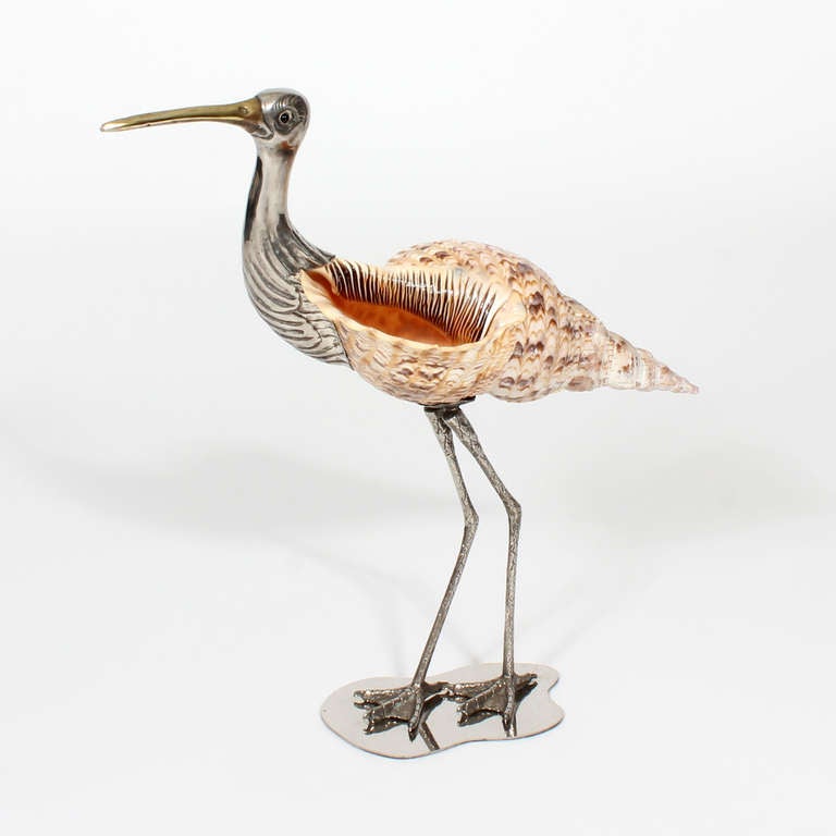 Silverered Metal and Brass Pacific Triton Shell Bird by Binazzi