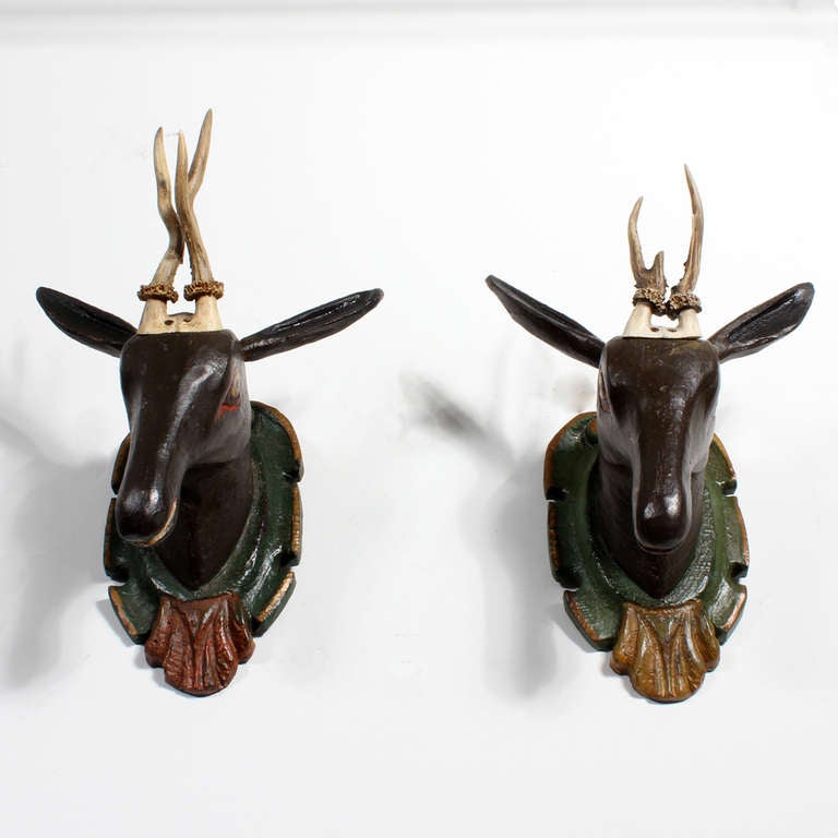 German Pair of Painted Wood Stag Heads with Real Antlers