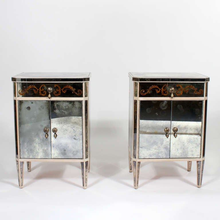 American Pair of Painted Mirrored Tables, Nightstands or Commodes
