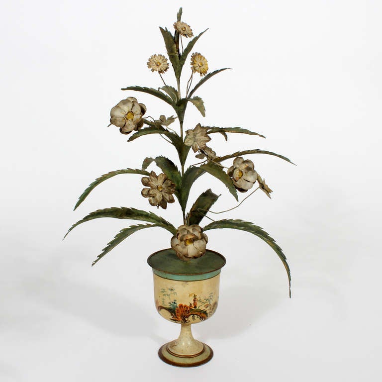 French Pair of Large Painted Tole Flowering Plants in Pots