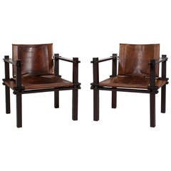 Pair of Fantastic Rosewood and Leather Sling or Safari Chairs