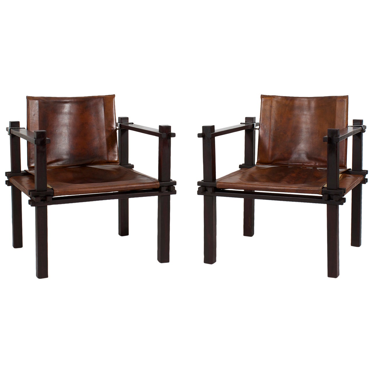 Pair of Fantastic Rosewood and Leather Sling or Safari Chairs