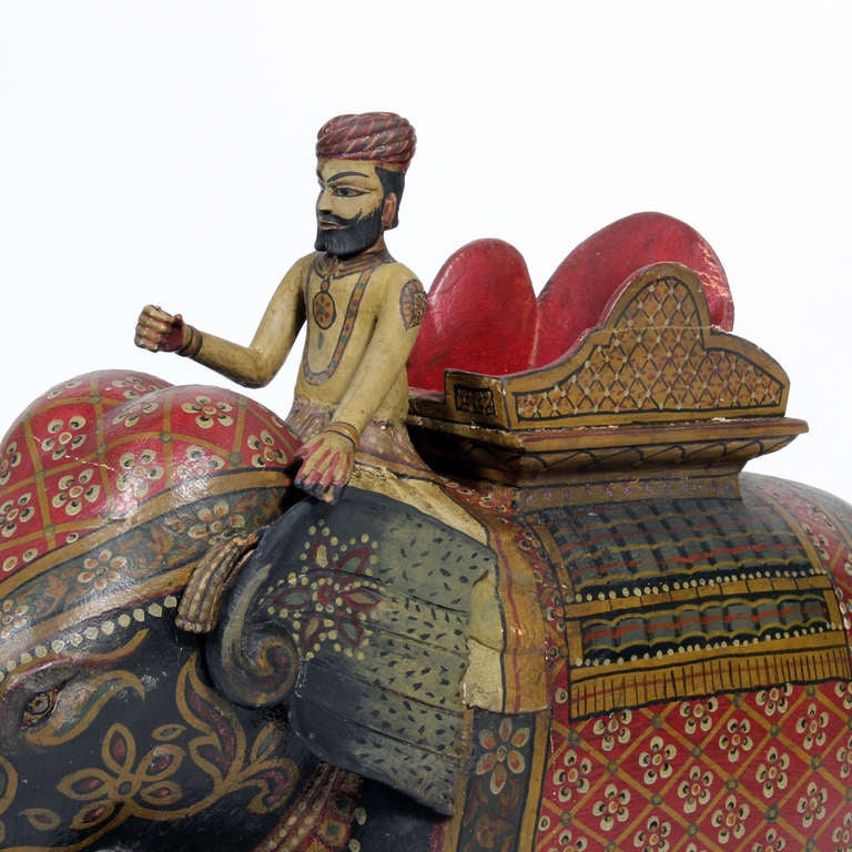 Indian Large Painted Elephant and Rider on Wheeled Base For Sale