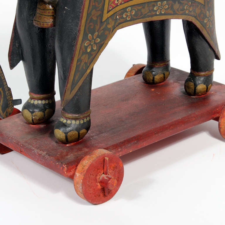 Large Painted Elephant and Rider on Wheeled Base In Good Condition In Palm Beach, FL