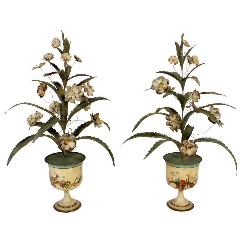 Pair of Large Painted Tole Flowering Plants in Pots