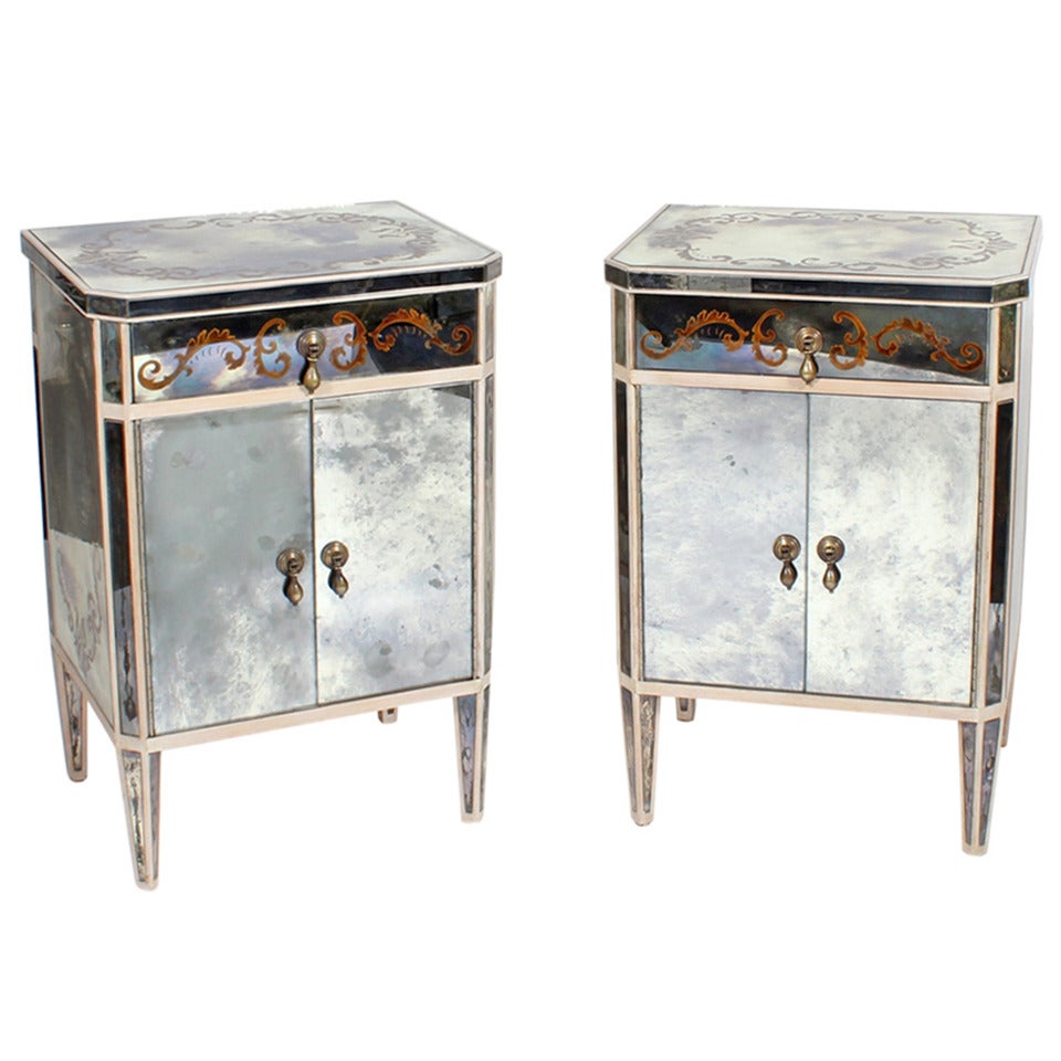 Pair of Painted Mirrored Tables, Nightstands or Commodes