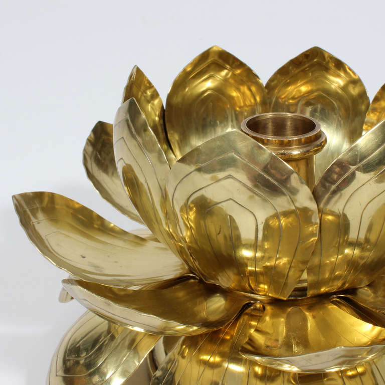 Late 20th Century Pair of Etched Brass Lotus Candleholders