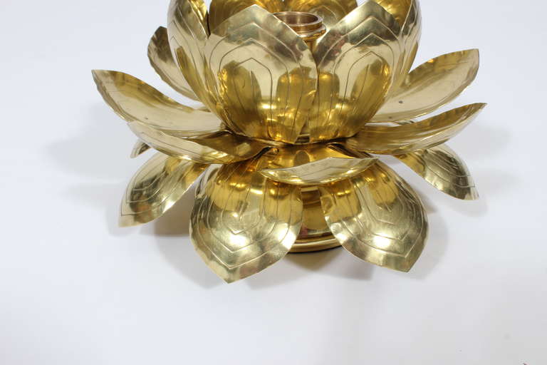 Pair of Etched Brass Lotus Candleholders In Excellent Condition In Palm Beach, FL