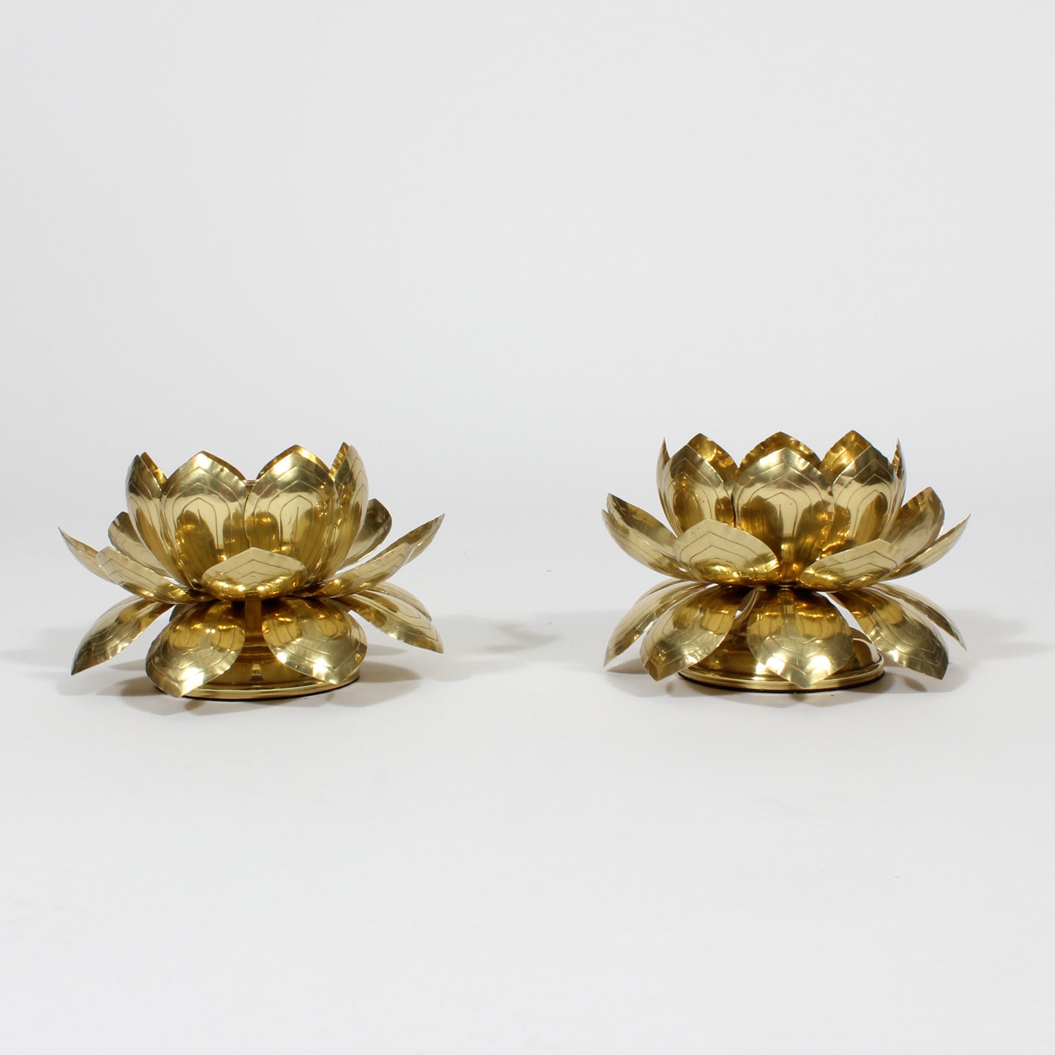 Pair of Etched Brass Lotus Candleholders