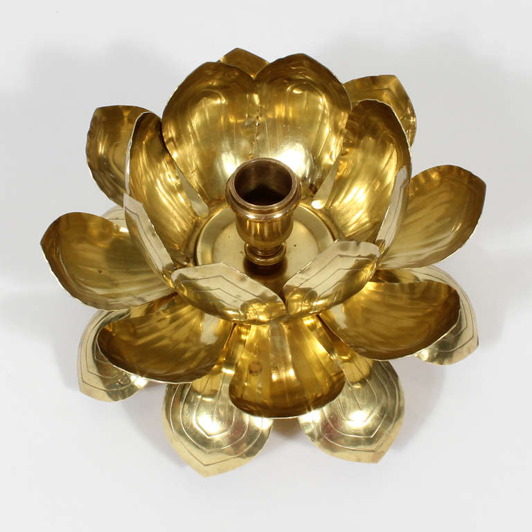 American Pair of Etched Brass Lotus Candleholders