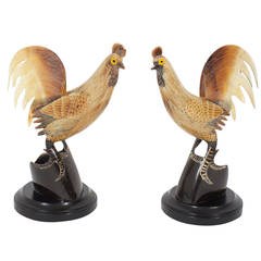 Pair of Whimsical Carved Horn Roosters