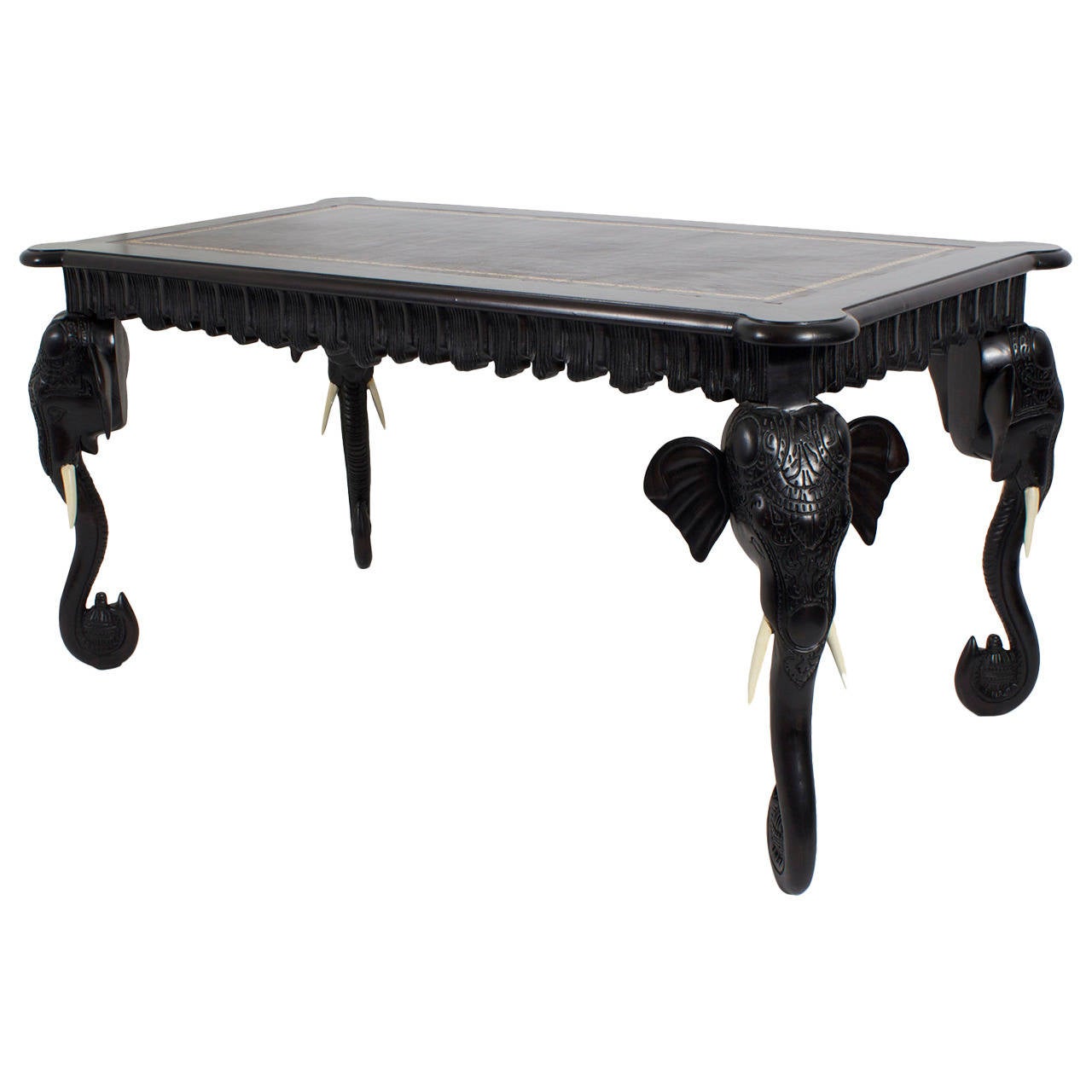 Carved Elephant Head OneDrawer Leather Top Desk at 1stDibs