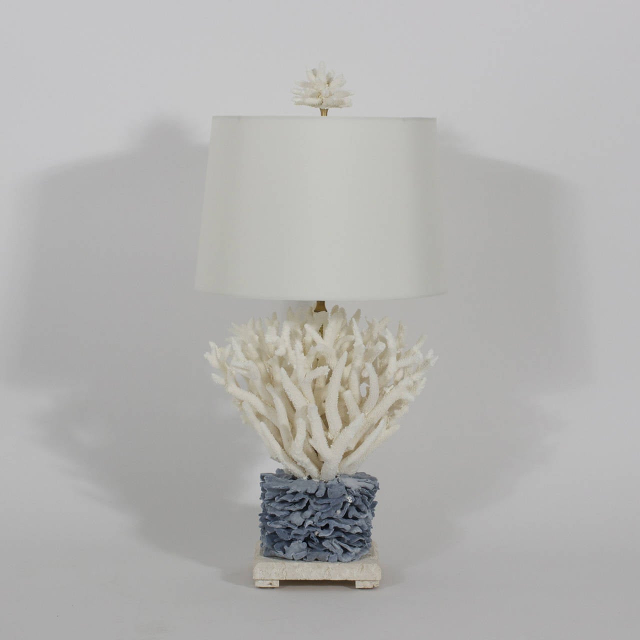 Pair of sculptural table lamps constructed of staghorn coral that will glow in the light of a bulb, over a blue coral base, all mounted on coquina stone. Mother Nature made the coral, FS Henemader made the lamps.
