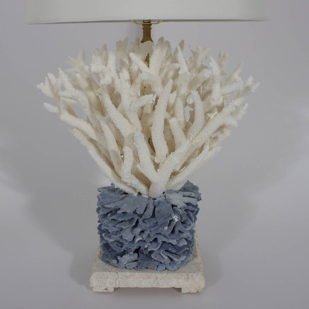 American Pair of Blue and White Coral Lamps on Coquina Stone Bases