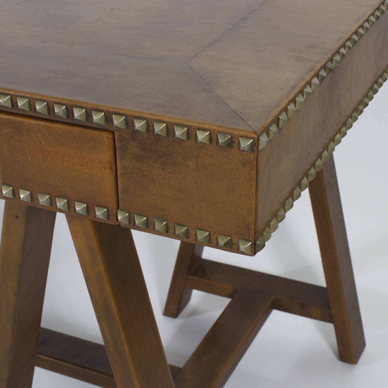 American Mid-Century Modern Campaign Style Leather Clad Desk
