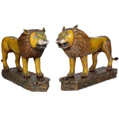 Large Pair of Carved and Painted Lions on Carved Bases 8