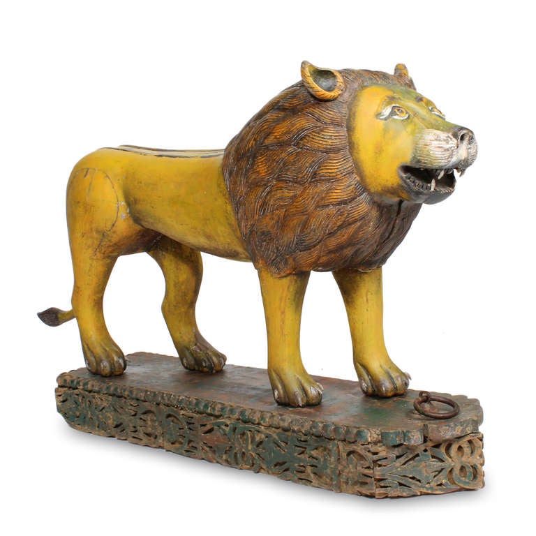 Large Pair of Carved and Painted Lions on Carved Bases