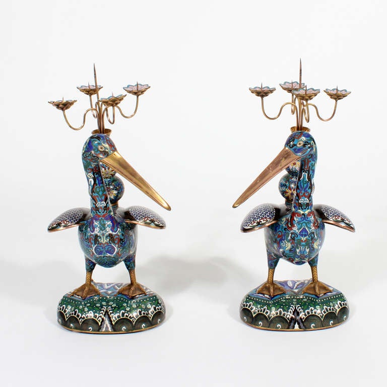Pair of Large and Impressive Cloisonne Duck Form Candelabra
