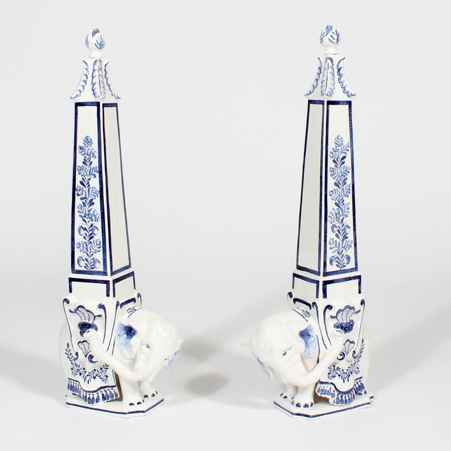 Pair of Blue and White Porcelain Elephant Obelisks