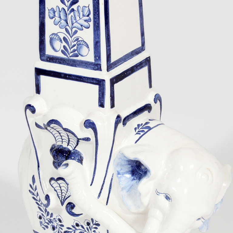 Late 20th Century Pair of Blue and White Porcelain Elephant Obelisks