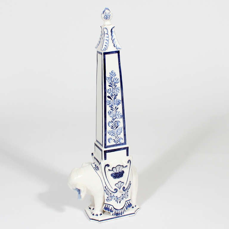 Chinoiserie Pair of Blue and White Porcelain Elephant Obelisks